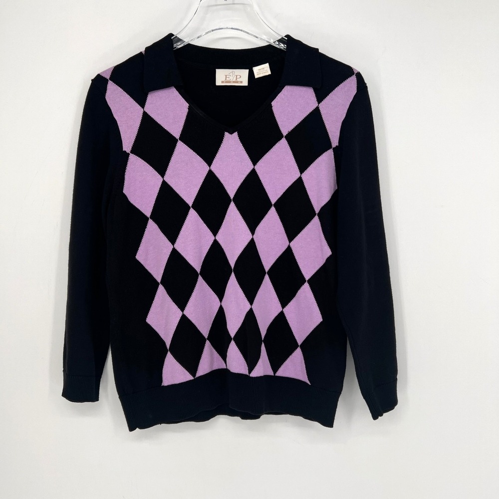 Argyle Purple Sweater Womens M Preppy Academia Collared EP Pro Golf Diamond